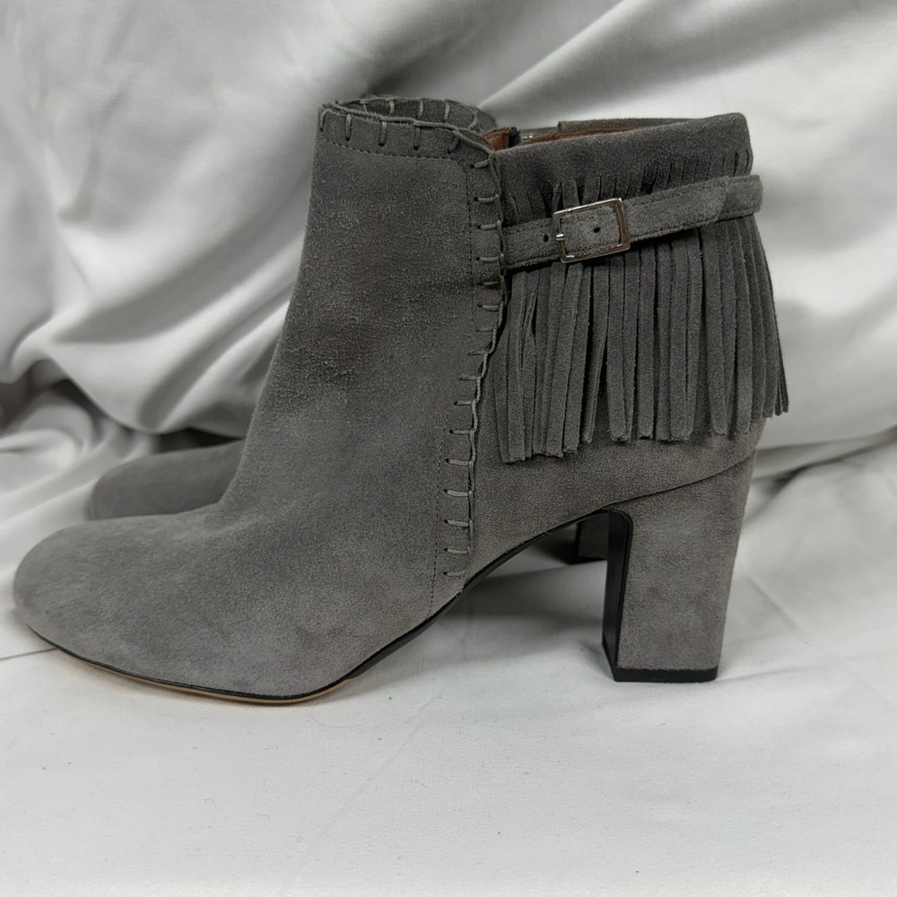 Tabitha Simmons NEW $895 Grey Raw Suede Fringe Trim Block Heel Ankle Bootie EU39